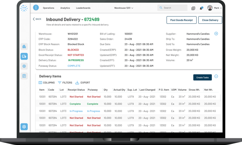 Product screenshot of inbound deliveries